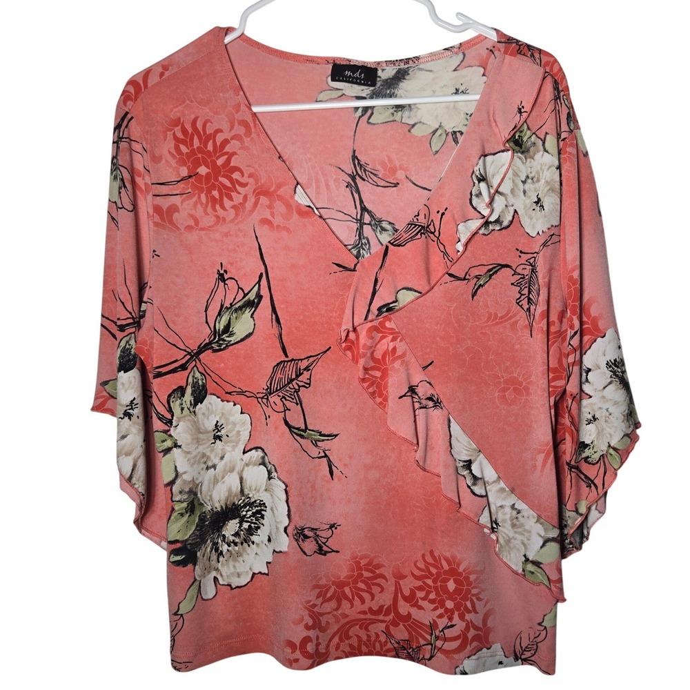 MDS California Floral Flare Sleeve Top XL Boho Y2K Romantic Cottage Stretch